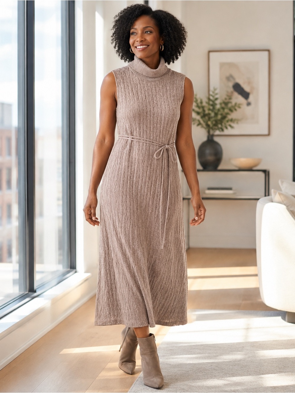 Zara Sleeveless Turtleneck Midi Dress in Taupe